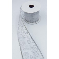 2.5 Inch Wired Christmas Ribbon with Silver Metallic Swirls on White Organga,10 Yds (Lot of 1 Spool) SALE ITEM